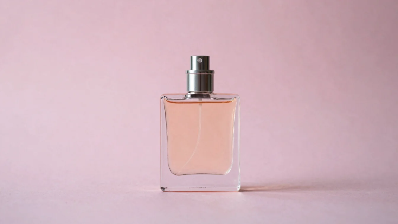 perfume bottle with soft studio lighting and reflections, pastel background, shallow depth of field, 35mm