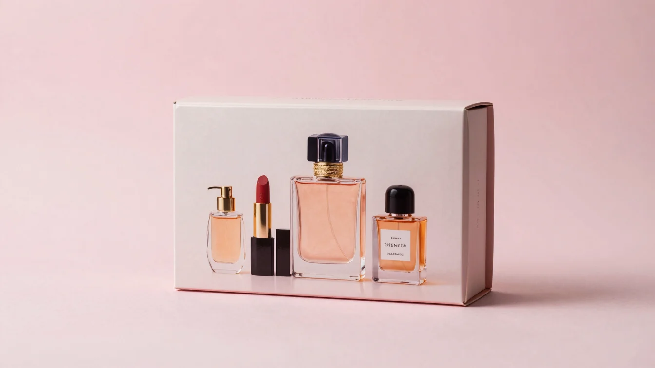 gift box with perfume and cosmetics, soft studio lighting, pastel background, shallow depth of field, 35mm