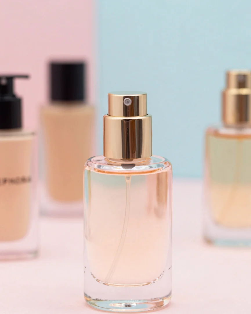 Close-up comercial de frasco de perfume translúcido em fundo past