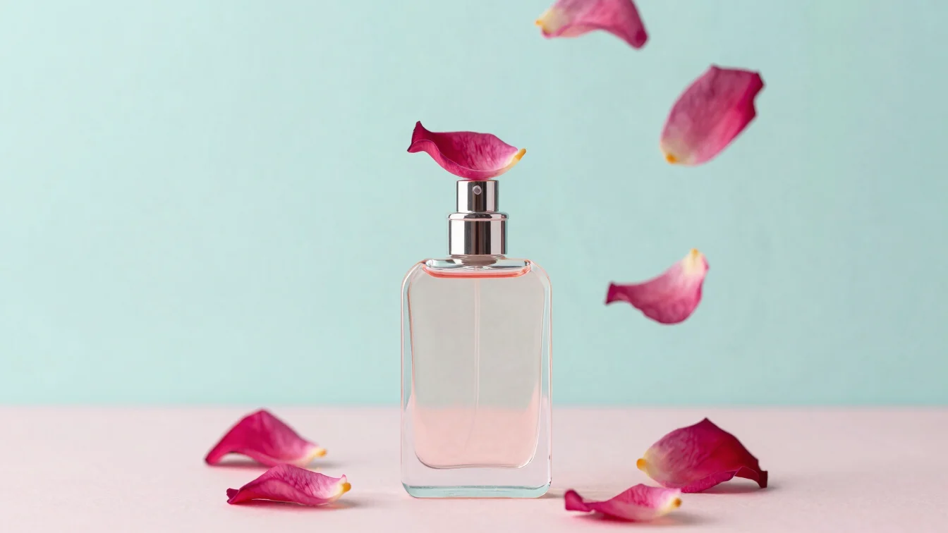 Frasco de perfume translúcido com pétalas de rosa e jasmim flutuando, fundo pastel, luz de estúdio suave, 35mm