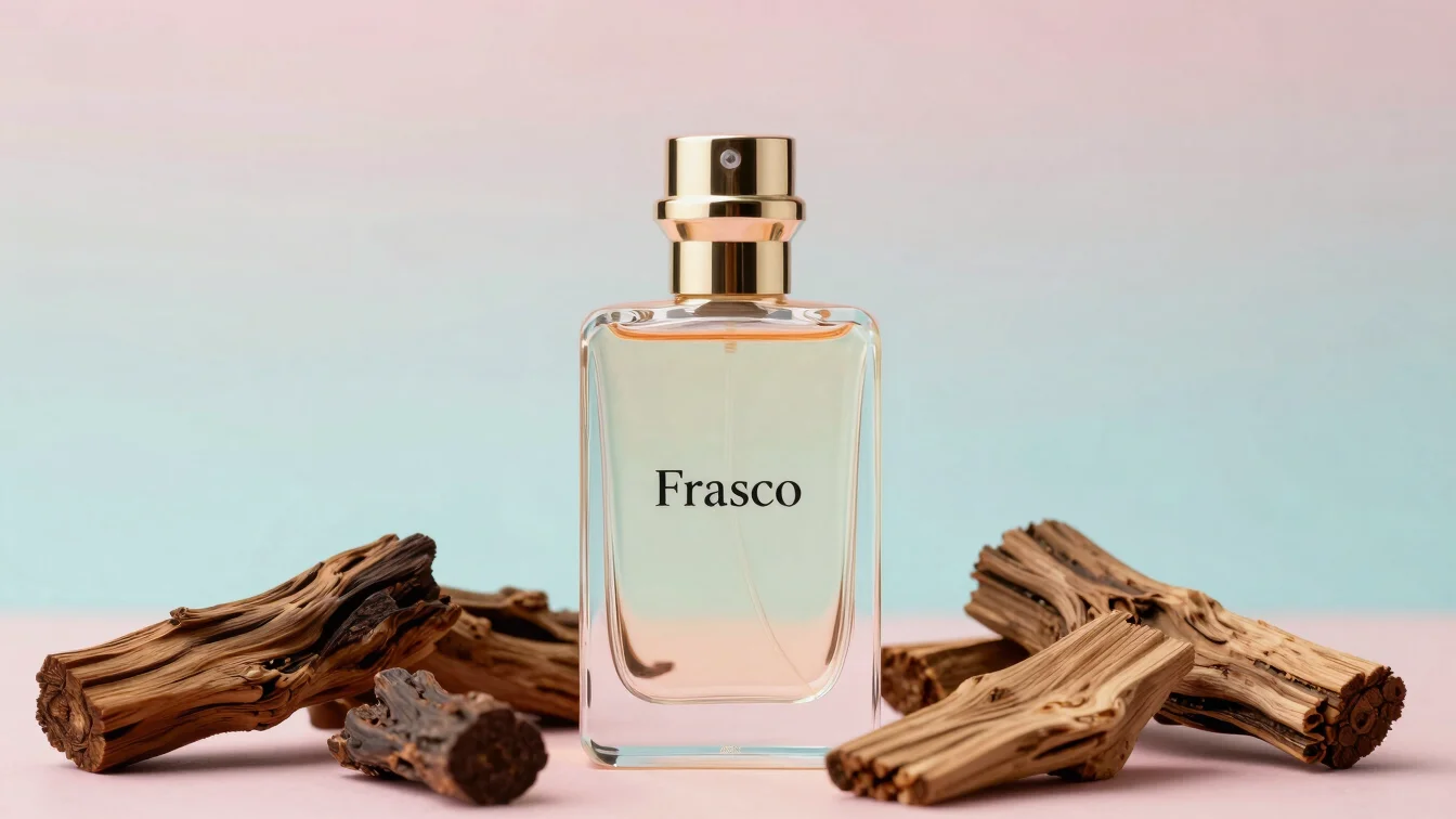 Frasco de perfume translúcido em meio a pedaços de madeira de sândalo e cedro, fundo pastel, luz de estúdio suave, 35mm