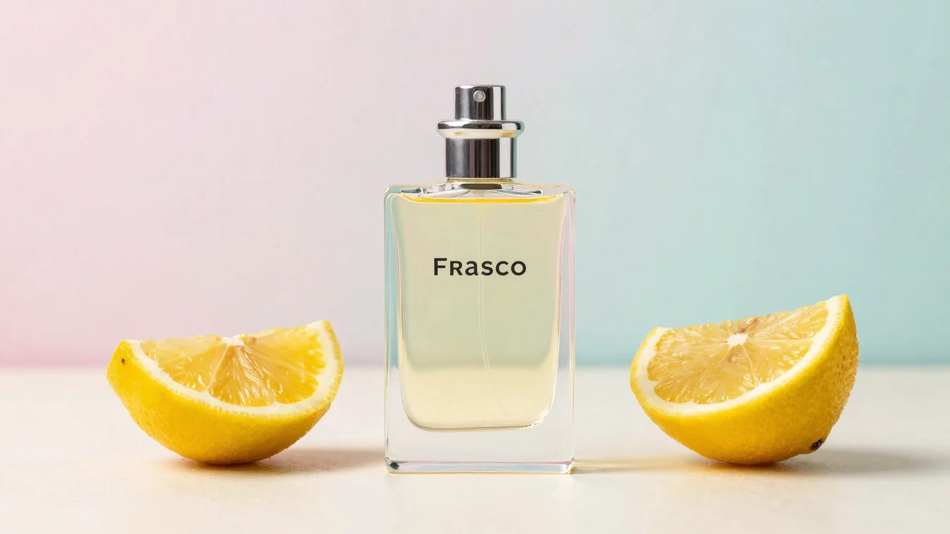 Frasco de perfume translúcido com fatias de limão e bergamota, fundo pastel, luz de estúdio suave, 35mm