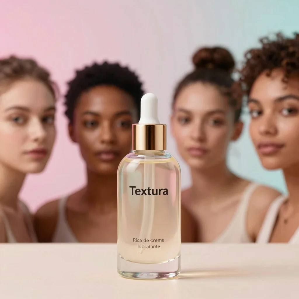Textura rica de creme hidratante sendo aplicada em pele com diversidade de tons, luz suave de estúdio.
